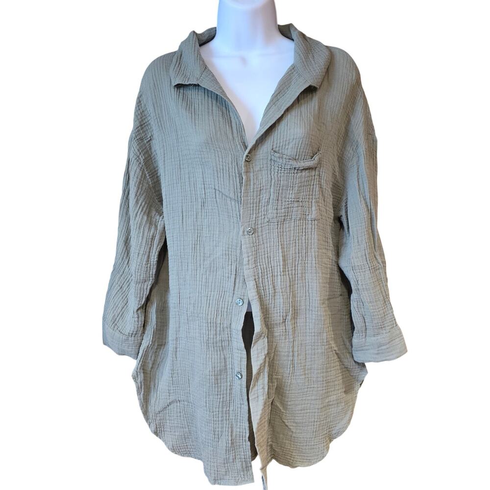 EUC Kona Sol Olive Green, cotton, oversized, button up Swim Suit Cover Up sz S